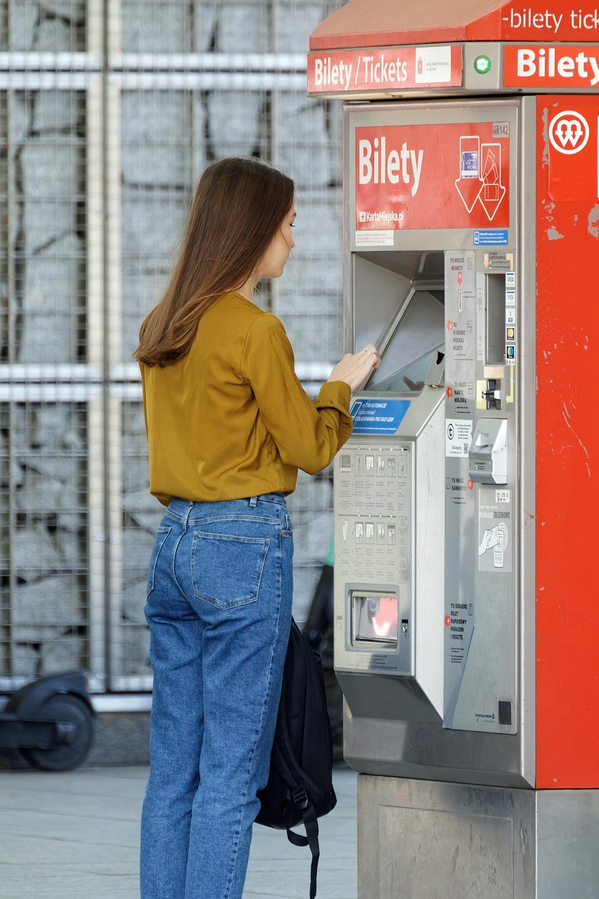 services-02 girl, machine, tickets, buying, person, jeans, automated machine, subway, urban